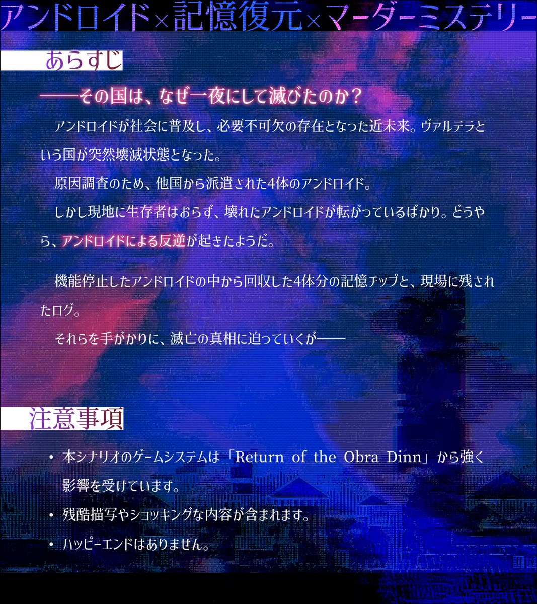 sasa_tronica's tweet photo. 【新作リリース】
アンドロイド × 記憶復元 × マーダーミステリー

▄▀▄▀▄▀▄▀▄▀▄▀▄▀▄▀▄

　死の国は機械仕掛け（4PL+GM）
https://t.co/lE8qmkfQ07

▄▀▄▀▄▀▄▀▄▀▄▀▄▀▄▀▄

──その国は、なぜ一夜にして滅びたのか？

本日BOOTHで公開しました！
#しのかい https://t.co/kVdkpbpANN