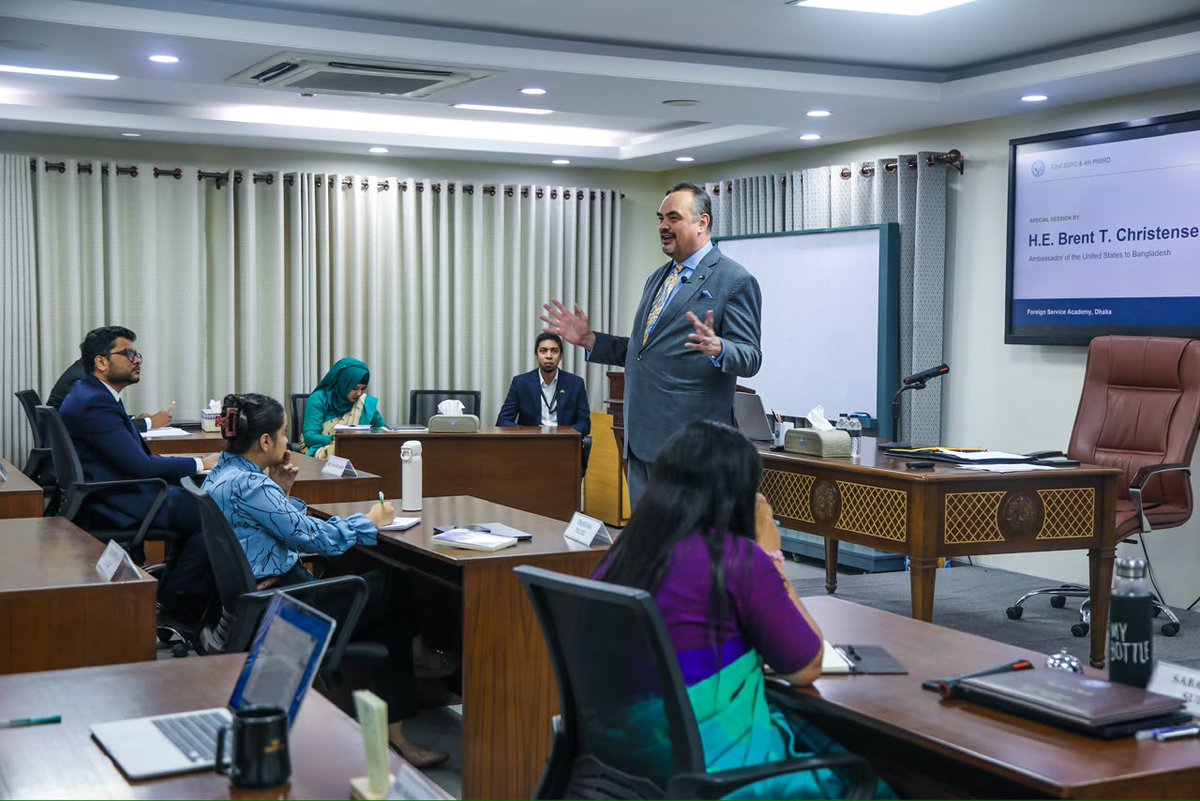usembassydhaka's tweet photo. Bangladesh's future diplomats will carry the U.S.-Bangladesh partnership forward. Ambassador Brent T. Christensen met some of them at the Bangladesh Foreign Service Academy. The lecture and interactive session addressed U.S. foreign policy, the Indo-Pacific, and how our two countries can take on shared challenges together through diplomacy.