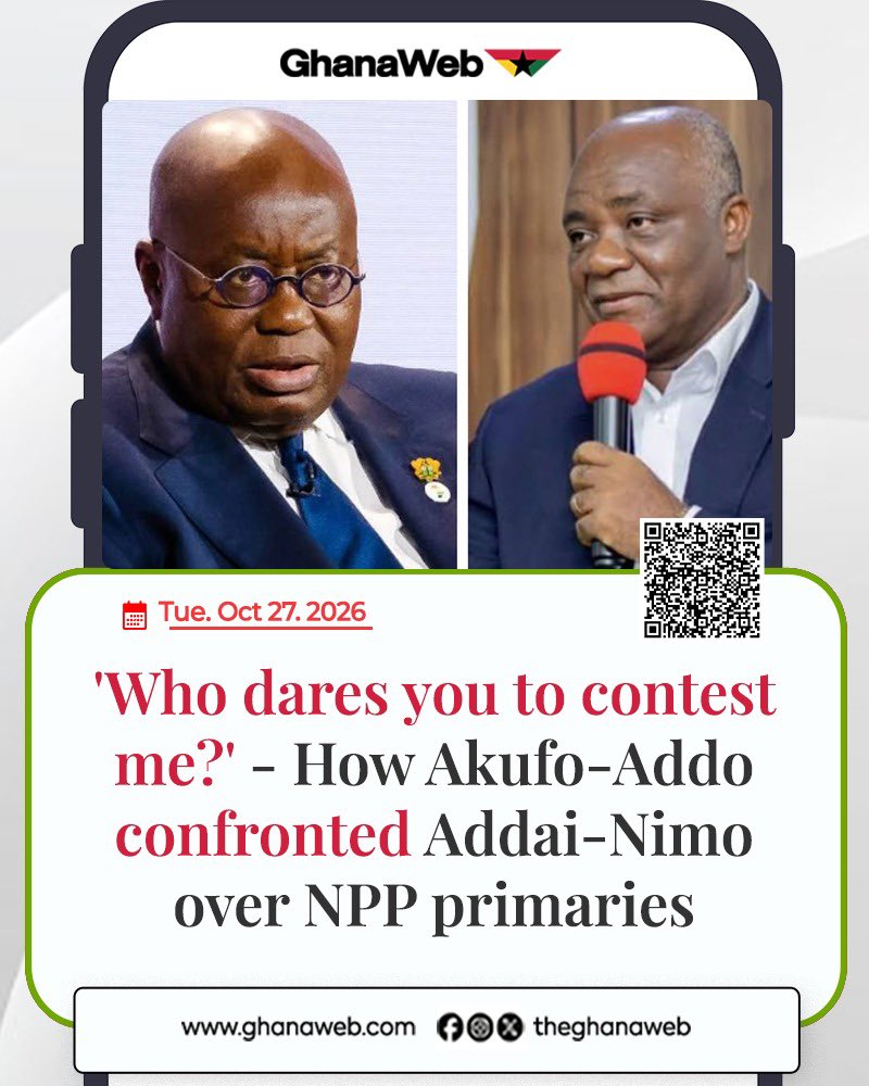 TheGhanaWeb's tweet photo. Former Asante Mampong Member of Parliament and two-time New Patriotic Party (NPP) presidential flagbearer aspirant, Ing Francis Addai-Nimo, has revealed that former President Nana Addo Dankwa Akufo-Addo was unhappy with his decision to contest him in the party's 2014 presidential primaries.

https://t.co/ddZNwUl7mJ

#ghanaweb
#ghanawebtv
