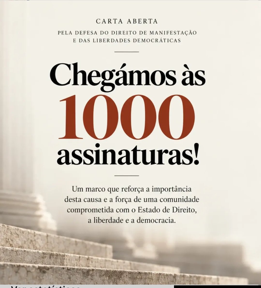 vilalva_joao's tweet photo. 1000 assinaturas, entre advogados, juristas, magistrados, procuradores, professores e estudantes de Direito, em defesa do direito de manifestação e das liberdades democráticas.

Podem continuar a subscrever no formulário abaixo. https://t.co/ouQDdlyzLs