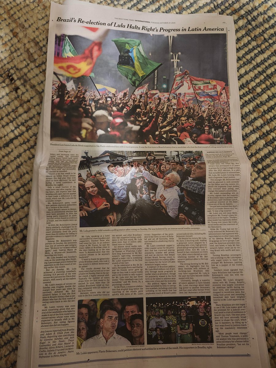 gugachacra's tweet photo. Hoje tem chamada na capa e uma página inteira sobre a eleição de Lula na edição impressa do New York Times https://t.co/IuhCgVyhPX