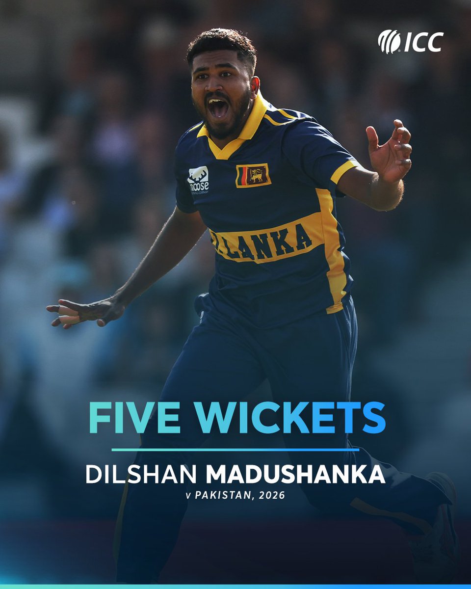 ICC's tweet photo. A phenomenal five-wicket haul from Dilshan Madushanka as Sri Lanka bundle Pakistan out in Lahore 👏

📝: https://t.co/ENK0ItuGNL https://t.co/315CgQtDpS
