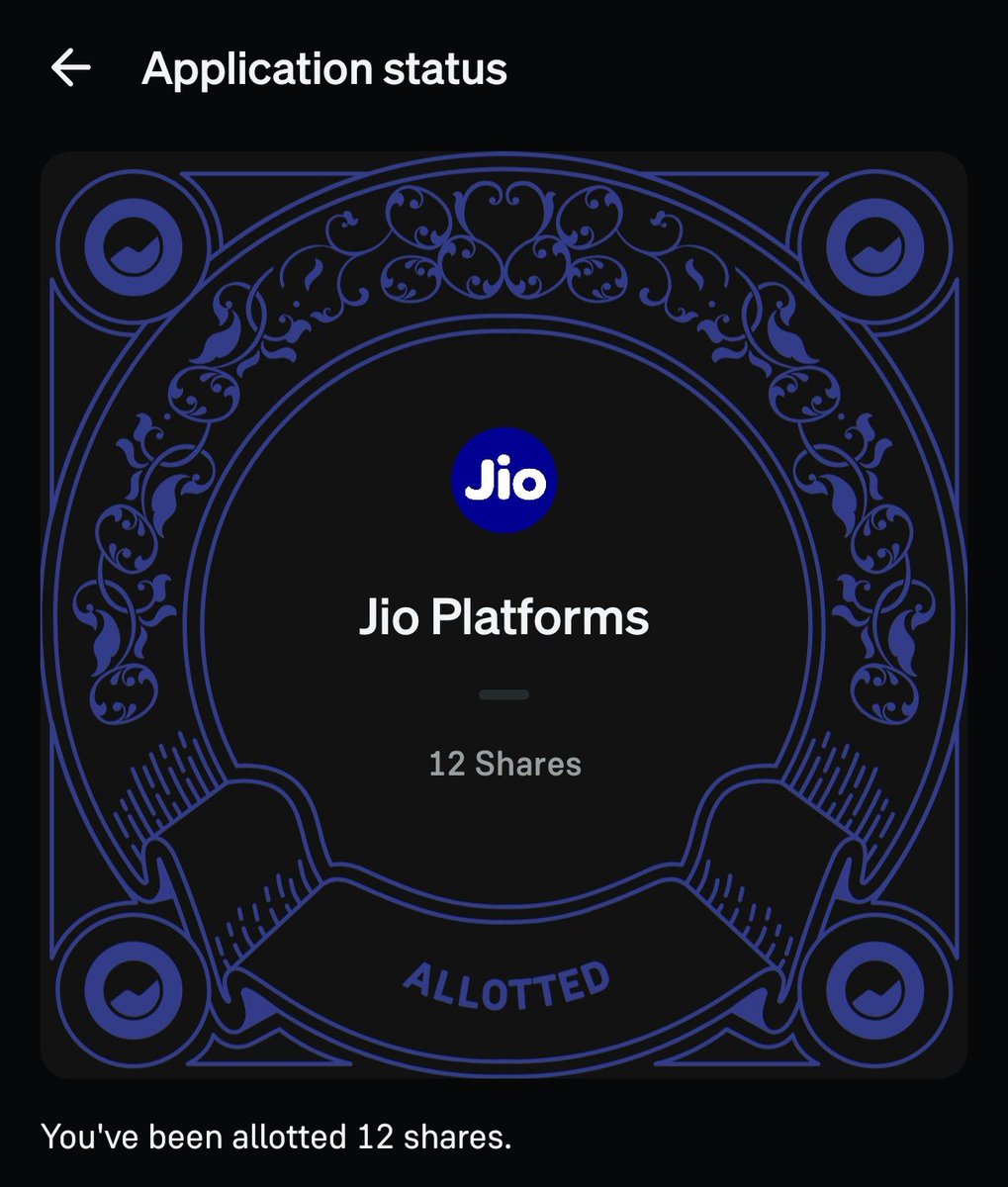 _MMPR_'s tweet photo. Some good news got allocated with 12 Shares of @reliancejio 

Thank you so much for that , It was 21.2x over subscribed but still got lucky ig

Anyways let's see the performance on the launch , I assume it'll be good

October ending on a good note 💜

#jioipoallotment https://t.co/rcPTrf75R4