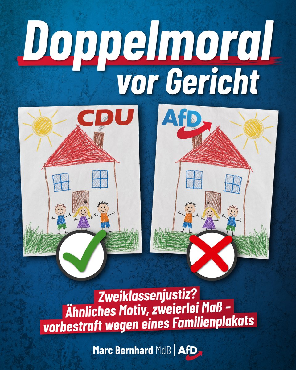 MarcBernhardAfD's tweet photo. BGH bestätigt: 11.600 Euro und vorbestraft für ein Familienplakat

Gleiche Geste, ähnliches Motiv, aber zwei völlig unterschiedliche Konsequenzen: Die CDU im nordrhein-westfälischen Datteln warb 2021 mit einem Plakat, auf dem Vater und Mutter ihre Arme zu einem Dach über den Kindern formen. Eine Anklage gab es deswegen - selbstverständlich - nicht.

Als jedoch der brandenburgische AfD-Landtagsabgeordnete Wilko Möller 2024 ein ganz ähnliches Motiv mit dem Slogan „Wir schützen eure Kinder“ auf einem Plakat verwendete, wurde er angeklagt und vom Landgericht Frankfurt (Oder) wegen „Verwendens von Kennzeichen verfassungswidriger Organisationen“ verurteilt. Die mit den Armen gezeigte Dach-Geste auf dem Plakat stelle angeblich einen Hitlergruß dar. Möller ging in Revision, doch der Bundesgerichtshof hat diese jetzt verworfen, das Urteil ist somit rechtskräftig. Er muss 100 Tagessätze zu je 116 Euro zahlen, insgesamt 11.600 Euro, und gilt als vorbestraft.

Wenn bei der einen Partei keine Anklage erhoben wird und bei der anderen bei einem sehr ähnlichen Motiv bis zum Bundesgerichtshof gnadenlos durchgeurteilt wird, könnte man das als Doppelmoral oder Zweiklassenjustiz bezeichnen. Es drängt sich zumindest der Eindruck auf, dass es hier weniger um ein verbotenes Kennzeichen geht als vielmehr darum, die AfD einfach immer und überall mit allen Mitteln zu bekämpfen. Nennt man so etwas noch Rechtsstaat?