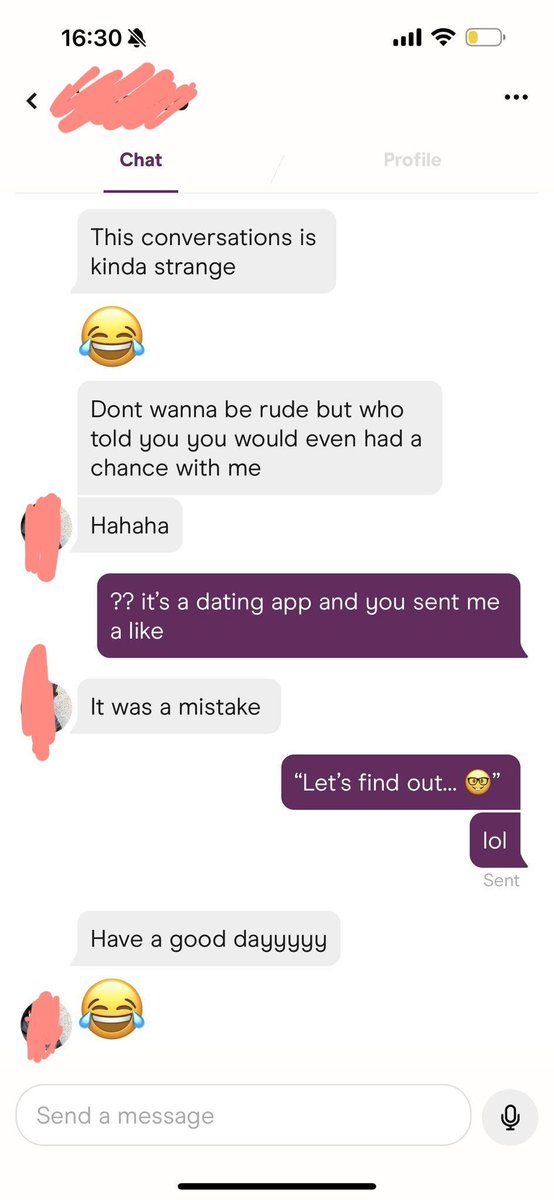 getrich332's tweet photo. Lowkey hurt my feelings lol

Matched with this guy. He seemed cool from his profile (pictures of sky diving, beach trips, road trips etc. with his friends) plus he was very attractive, but turns out he’s a bit of an ass 😕 https://t.co/PYfk0RJTE4