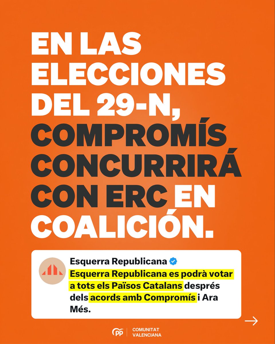 ppcv's tweet photo. Este 29N, todo voto a Compromís será un voto a Esquerra Republicana.

Los valencianos vamos a decir no al sanchismo y al independentismo. https://t.co/vIanpxHw3N