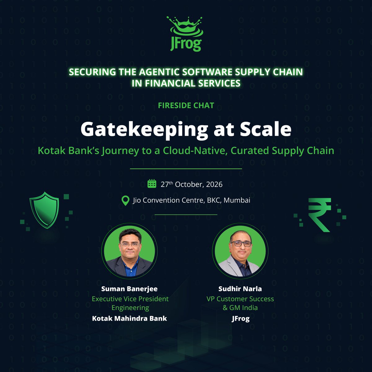 jfrog's tweet photo. How does a bank gatekeep software at scale? Today at "Securing the agentic SSC, Mumbai 2026" -  Kotak Mahindra Bank tells the story.

Suman Banerjee, Executive Vice President, Engineering at Kotak Mahindra Bank and Sudhir Narla, VP Customer Success & GM India at JFrog, unpack Kotak’s journey to a cloud-native, curated supply chain, and what the agentic era means for trusted software in BFSI. 

You’ll hear what it takes to build and release trusted software in a regulated, high-velocity environment, and how the agentic software supply chain changes the rules.

📅 27th October 2026
📍 Jio Convention Centre, BKC, Mumbai 
Learn more: https://t.co/bPb5rki5BK 

#SoftwareSupplyChain #DevSecOps #BFSI