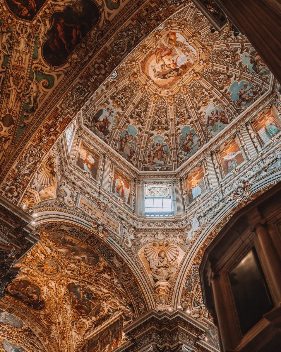 XMinaShohdy's tweet photo. Basilica of Santa Maria Maggiore in Bergamo, Italy 🇮🇹 

Almost every inch of this 900-year-old basilica is covered in art.

Inside the Basilica of Santa Maria Maggiore in Bergamo, Italy, intricate frescoes, gilded stucco, sculptures, and elaborate decorations cover the ceilings and walls.

Construction began in 1137, but much of its spectacular interior was created during the Renaissance and Baroque periods, transforming the medieval church into a masterpiece of Italian craftsmanship.