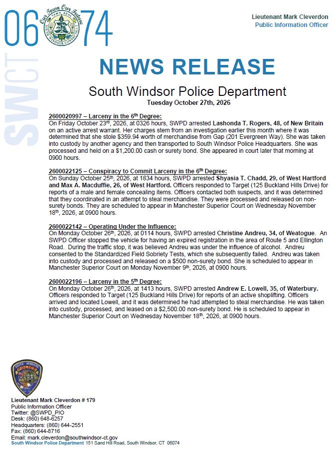 SWPD_PIO's tweet photo. Good morning #SW06074.

Attached is the news release for Tuesday, October 27th, 2026. https://t.co/ojd1mCW5gA