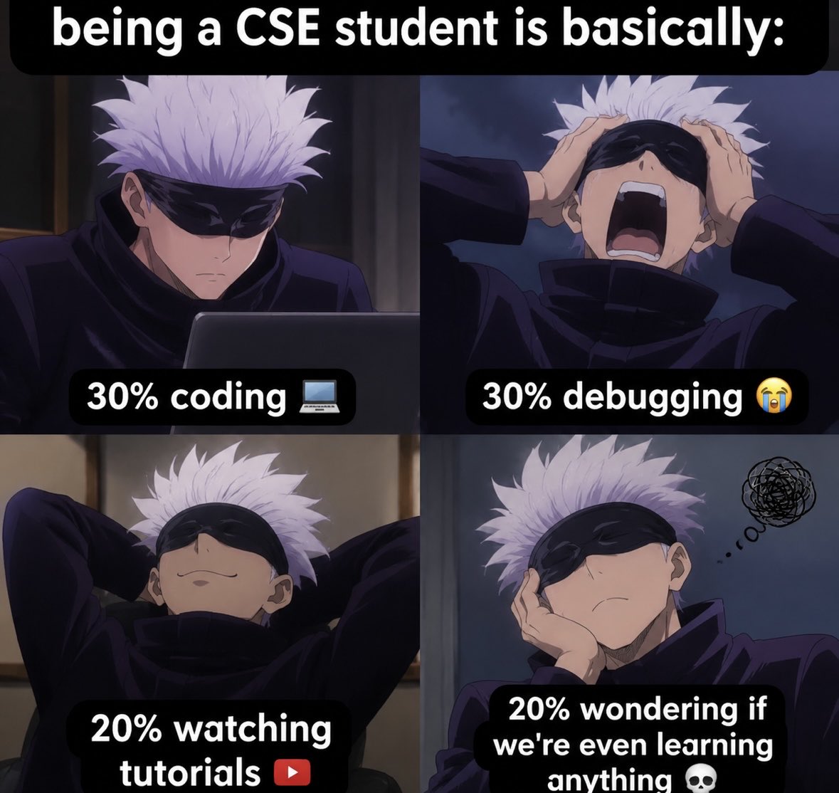 codeXali's tweet photo. being a CSE student is basically:
>30% coding π»β¨>30% debugging πβ¨>20% watching tutorials βΆοΈβ¨>20% wondering if we're even learning anything π
CSE students, tell me I'm not alone
#CSE #Coding #ProgrammerHumor https://t.co/4EeTsaSUpj