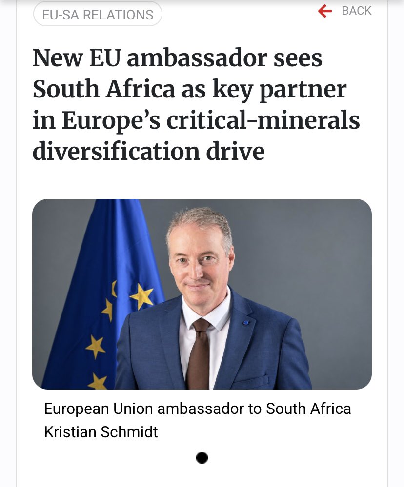 EUinSA's tweet photo. “We are offering a partnership of mutual benefit”: New EU Ambassador highlights how the relationship can be leveraged to bolster South African processing of critical minerals, with dependable market demand from EU companies.
 
https://t.co/iLDBVA33qq https://t.co/dLu62SFmxy