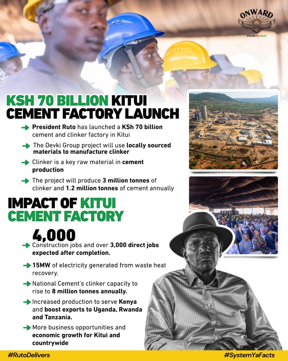 mwalakapkembu's tweet photo. Kazi ni kujenga uchumi kupitia viwanda, ajira na uwekezaji. The KSh70 billion cement factory in Kitui is expected to create thousands of jobs and provide fresh opportunities for local entrepreneurs. Development must be felt by the people.
#KituiFocus
Ruto Delivers https://t.co/LNxa2BA4x1