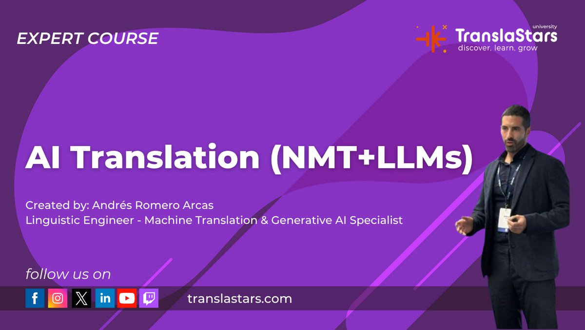 TranslaStars's tweet photo. 🚀 𝗠𝗔𝗦𝗧𝗘𝗥 𝗔𝗜 𝗧𝗥𝗔𝗡𝗦𝗟𝗔𝗧𝗜𝗢𝗡!

🧠 NMT vs LLMs
⚙️ Fine-tuning &amp; RAG
🔍 Quality evaluation
📊 AI translation strategy

👨‍🏫 Andrés Romero, Acolad
📅 16-20 Nov | 18:00 CET
💻 10 hours | Online

👉 https://t.co/L6CM0sjUBM

#AITranslation #Localization https://t.co/SOc8JAyzGd