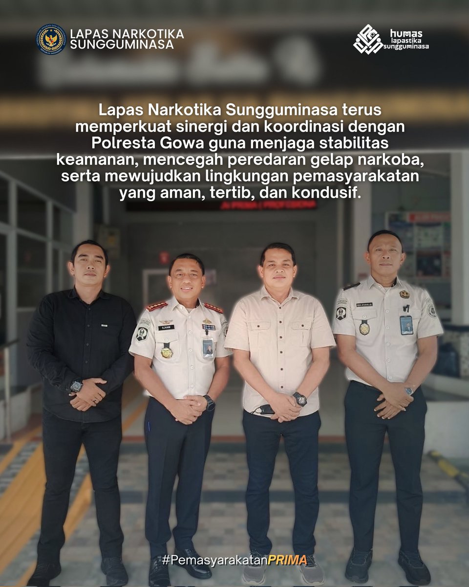 lpnsungguminasa's tweet photo. Lapas Narkotika Kelas IIA Sungguminasa terus memperkuat sinergi dengan aparat penegak hukum (APH), khususnya Polresta Gowa, dalam mendukung terciptanya keamanan dan ketertiban di lingkungan lapas.

#kemenimipas
#guardandguide
#ditjenpas
#pemasyarakatan
#pemasyarakatansulsel https://t.co/CiyYAzKyK6
