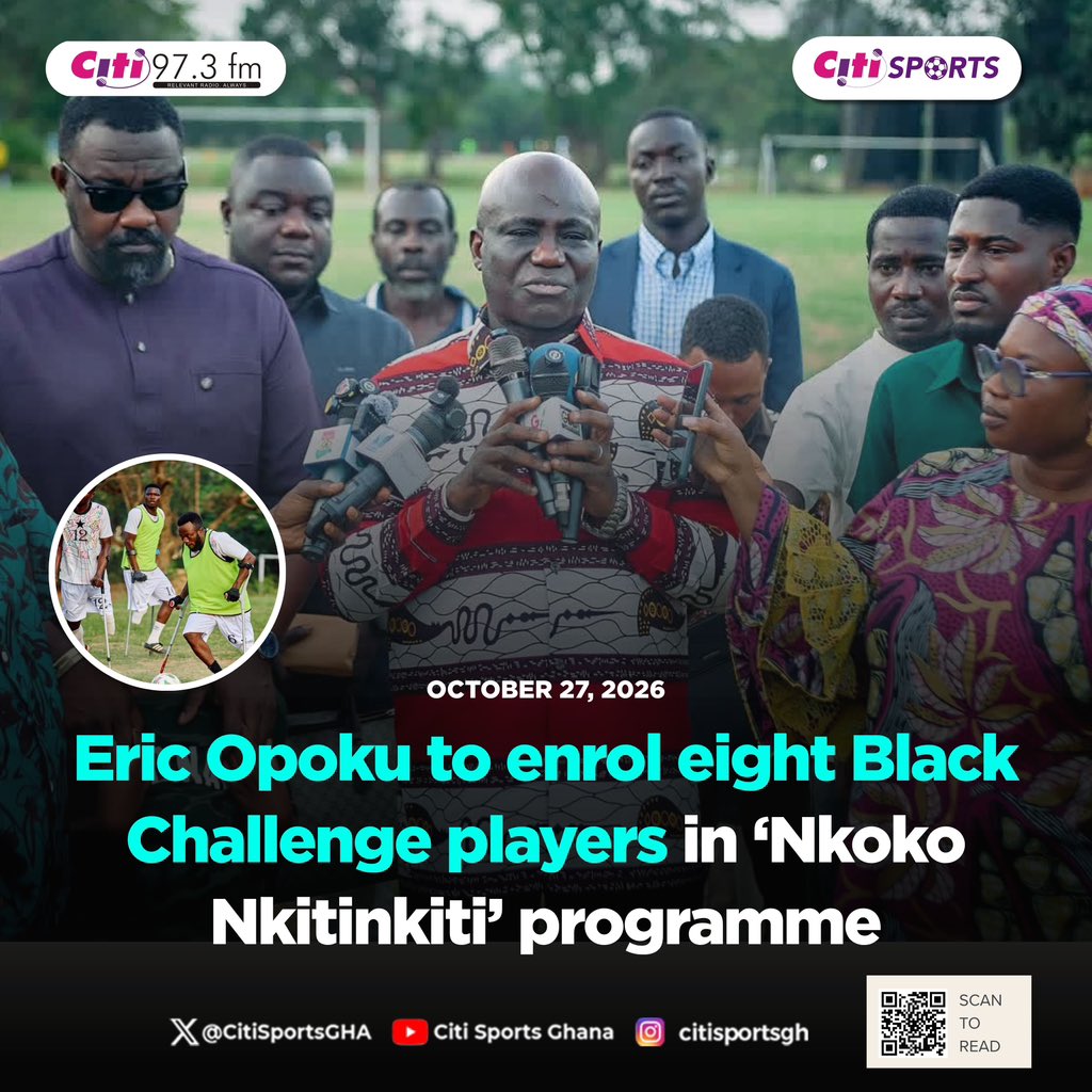CitiSportsGHA's tweet photo. 📸 🇬🇭 Minister for Food and Agriculture Eric Opoku has pledged to enrol eight locally based Black Challenge players in the government’s ‘Nkoko Nkitinkiti’ poultry programme after Ghana participates in the 2026 World Amputee Football World Cup.

🔗: https://t.co/2cIUx2Eeej

#CitiSports