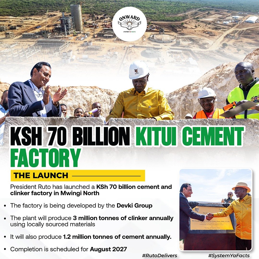 mwalakapkembu's tweet photo. With 4,000 workers currently involved in construction, the Kitui cement factory is already creating economic activity. Once completed, it is expected to generate more than 3,000 direct jobs and strengthen Kitui's role in Kenya's industrial development.
#KituiFocus
Ruto Delivers https://t.co/KeWq80jQvj