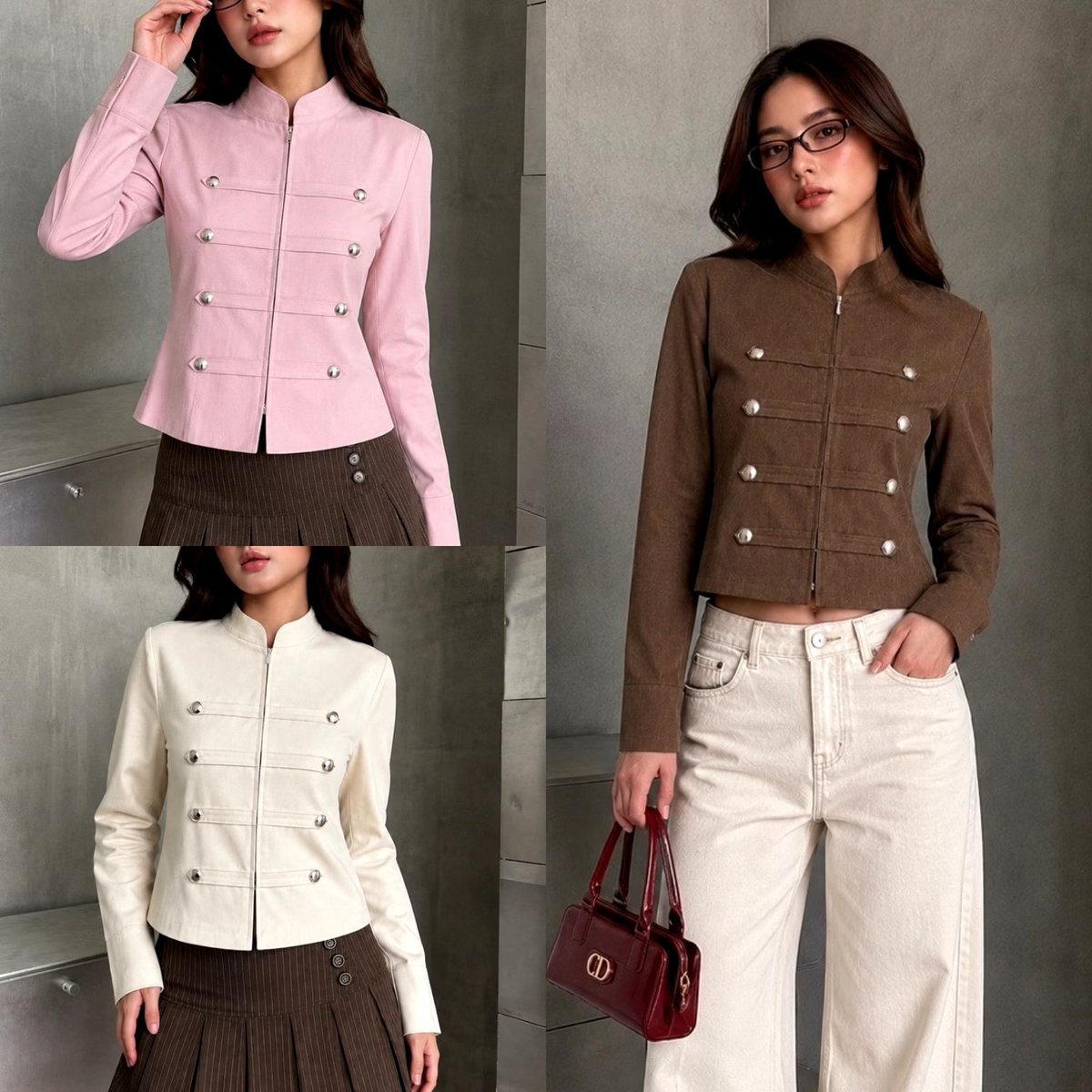 jyelss's tweet photo. siapa yang gak naksir sama military crop jacket ini??? warnanya kalem dan feminin ~ 🍨 cocok buat kalian yang suka vintage aesthetic https://t.co/bo5iyAUpdd