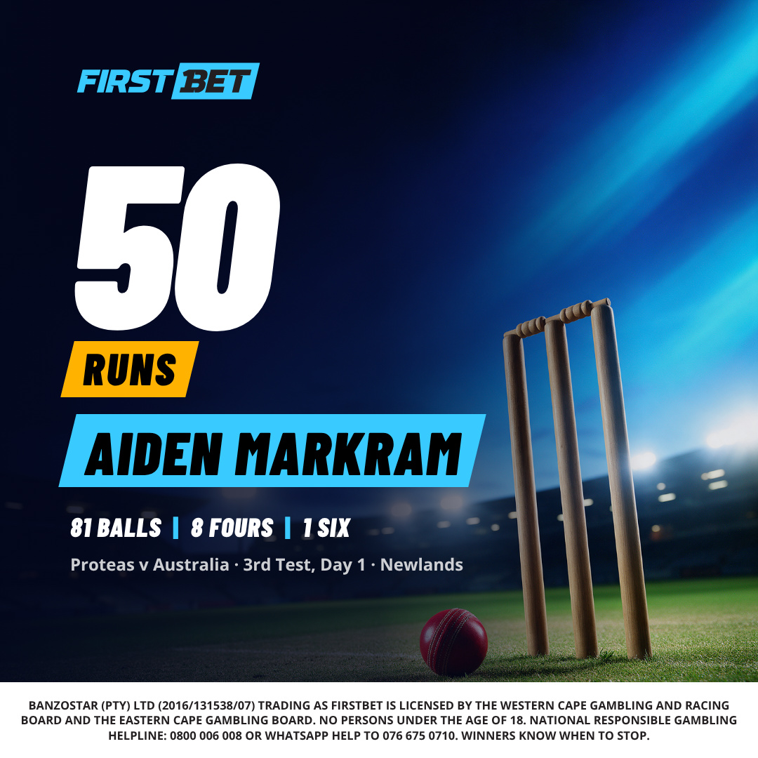 FirstbetSA's tweet photo. Fifty for Markram🏏 81 balls, 8 fours and a six to get the Proteas going on Day 1 at Newlands.

#SAvAUS #FirstBet https://t.co/aP7lKKaPY2