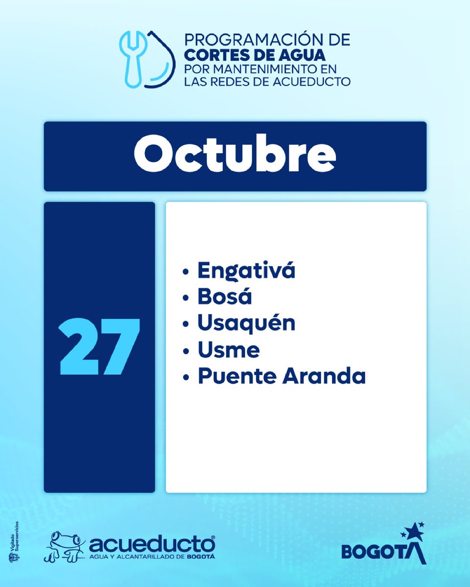 AcueductoBogota's tweet photo. 🔧 Este martes 27 de octubre realizaremos #CortesProgramados en sectores de #Engativá, #Bosa, #Usaquén, #Usme y #PuenteAranda.

💧 Los horarios y la duración de las suspensiones varían según el barrio.

🚰 Llena tu tanque de reserva antes del corte. Revisa la programación de tu sector: https://t.co/B7oFeNSSlN