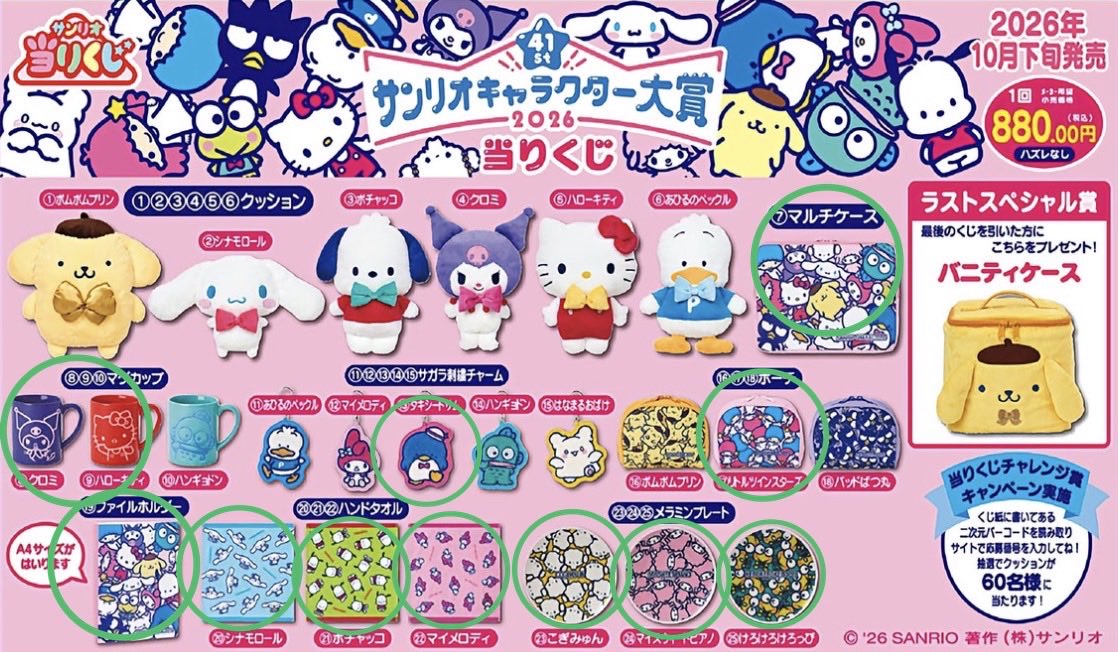 hangyo3333333's tweet photo. 【ゆる募】【買取】
サンリオ当りくじ キャラクター大賞 2026 

譲▶︎⑦マルチケース×2
⑧マグカップ クロミ×2
⑨マグカップ キティ

⑬サガラ刺繍チャーム タキシードサム×3
⑰ポーチ キキララ
⑲ファイルフォルダー

⑳タオル シナモン
㉑タオル ポチャッコ
㉒タオル マイメロ
↓続く https://t.co/9sAUMc16Kb