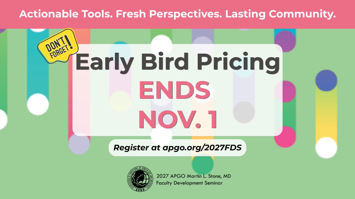 apgonews's tweet photo. ๐จ LAST CHANCE FOR EARLY BIRD RATES! ๐จ
Pricing for the 2027 APGO FDS & CDS increases after November 1!
Don't wait! Secure the lowest rate to join us in Indian Wells, CA.
โฐ Deadline: Nov 1
๐ https://t.co/I8CyWVjDAD
#MedEd #ObGyn #APGOFDS2027 #FacultyDevelopment https://t.co/Ogr081CKUx