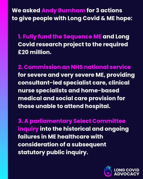 Long Covid Advocacy graphic with a navy background, pink-to-blue gradient stripe and three requests to Andy Burnham: fully fund the £20 million Sequence ME and Long Covid research project; commission a national NHS service providing specialist and home-based care for severe and very severe ME; and establish a parliamentary Select Committee inquiry into historical and ongoing failures in ME healthcare, with consideration of a subsequent statutory public inquiry. LCA logo at bottom right.