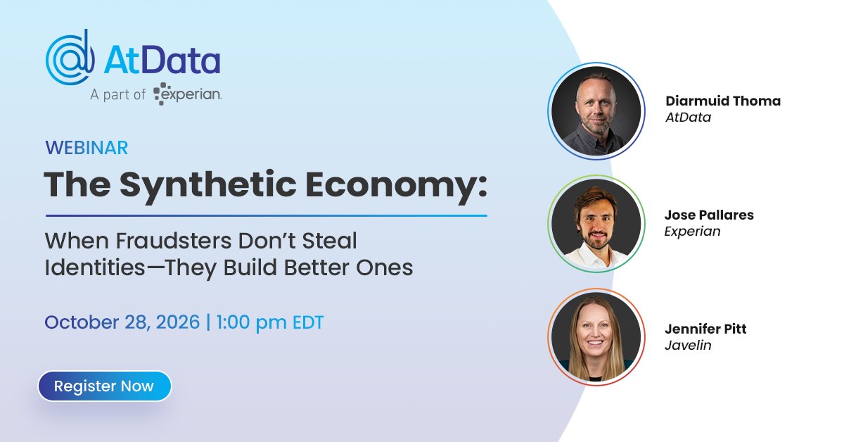 atdata's tweet photo. 🚨 Don't miss tomorrow's Payments Journal webinar at 1:00 p.m. EDT! Join experts from @atdata, @Experian &amp; Javelin to explore how the emerging synthetic economy is reshaping fraud prevention, payments, and risk management.

⏰ 𝗥𝗲𝗴𝗶𝘀𝘁𝗲𝗿 𝘁𝗼𝗱𝗮𝘆: https://t.co/tn3KZdFlPY https://t.co/IJwjxqMl0T