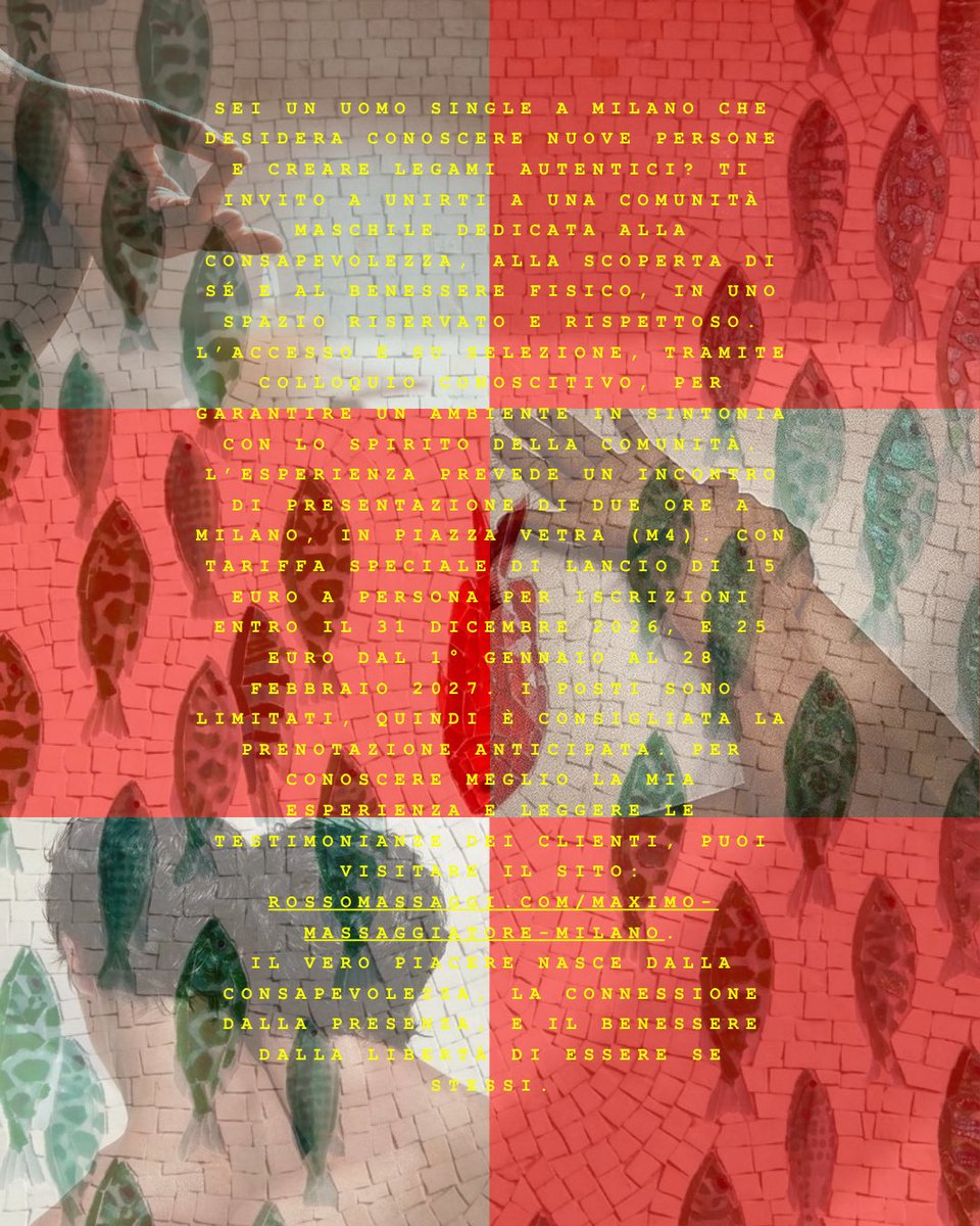 bellosingle's tweet photo. Sei un uomo single a Milano che desidera conoscere nuove persone e creare legami autentici? Ti invito a unirti a una comunità maschile dedicata alla consapevolezza, alla scoperta di sé e al benessere fisico, in uno spazio riservato e rispettoso. L’accesso è su selezione, tramite colloquio conoscitivo, per garantire un ambiente in sintonia con lo spirito della comunità. L’esperienza prevede un incontro di presentazione di due ore a Milano, in Piazza Vetra (M4). Con tariffa speciale di lancio di 15 euro a persona per iscrizioni entro il 31 dicembre 2026, e 25 euro dal 1° gennaio al 28 febbraio 2027. I posti sono limitati, quindi è consigliata la prenotazione anticipata. Per conoscere meglio la mia esperienza e leggere le testimonianze dei clienti, puoi visitare il sito: https://t.co/bcd9ofPtRN.