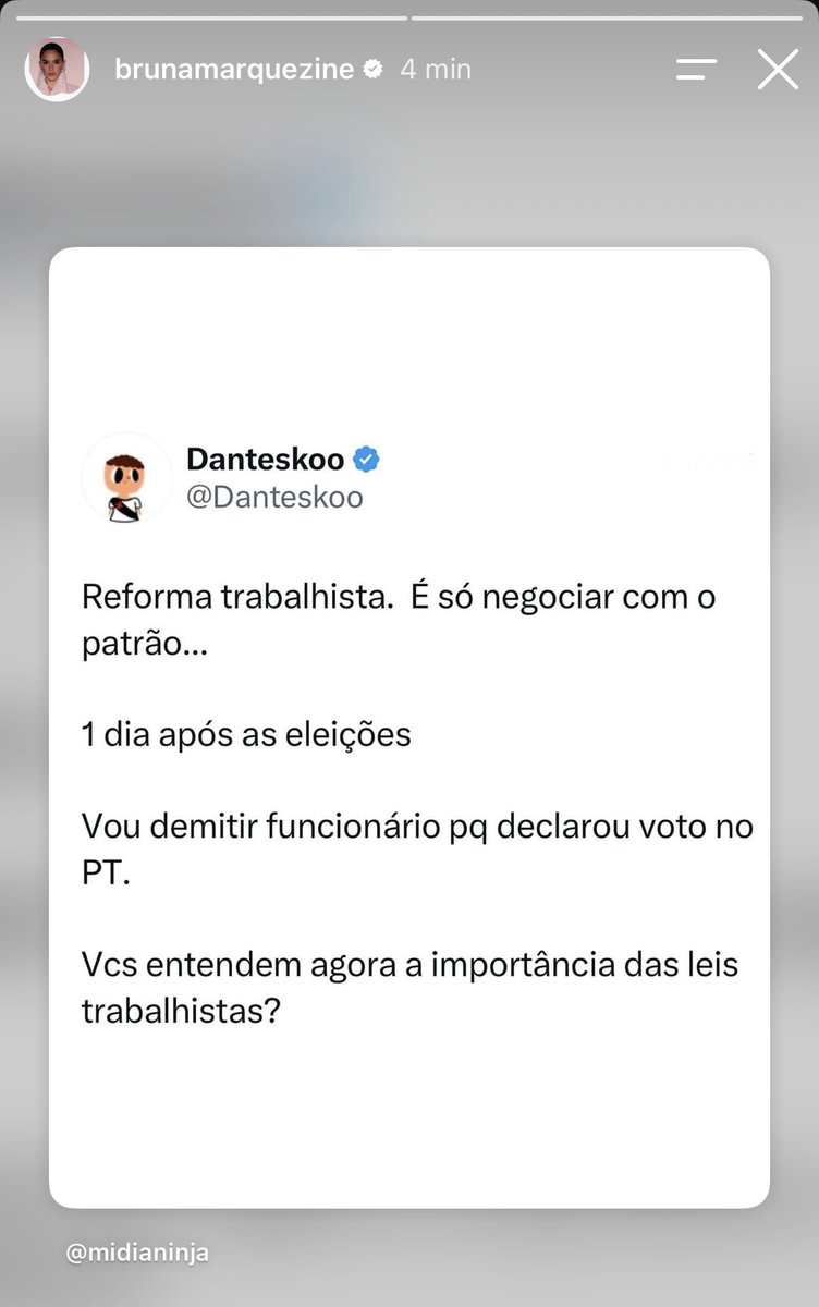 BrunaAccess's tweet photo. “Vocês entendem agora a importância das leis trabalhistas?”

Bruna Marquezine via Instagram Stories. https://t.co/ktzFPk00YQ