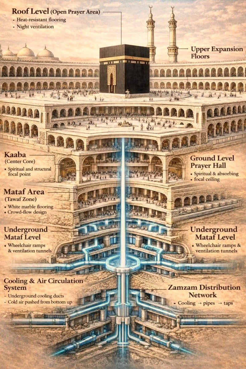 arab11__'s tweet photo. 🚨 Information you might not know

The Grand Mosque (Masjid al-Haram) in Makkah tops the list of the most expensive buildings on Earth, with a construction cost of approximately $100 billion.  Area: One million square meters (1,000,000 m²)
Capacity:
🕋 Accommodates two million (2,000,000) worshippers
🕋 Receives twenty (20) million visitors annually
🕋 Open 24 hours a day; it has not been completely closed for over 1,400 years
🕋 Staffed by 1,800 cleaning personnel
🕋 Equipped with 40 electric sanitation/cleaning vehicles
🕋 Equipped with 60 electric cleaning machines designed for open courtyards
🕋 Features 2,000 waste containers distributed throughout the mosque
🕋 Floors are covered with 40,000 carpets (with a combined length exceeding the distance between Jeddah and Makkah—approximately 79 km)
🕋 Includes 13,000 restrooms, cleaned four (4) times every 6 hours daily
🕋 Contains 25,000 water dispensers (comprising one of the largest water distribution systems in the world)
🕋 100 random samples of drinking water are tested daily
🕋 Surplus water from the Zamzam well is stored in reservoirs with a capacity equivalent to 1,700,000 (one million seven hundred thousand) 10-liter containers
🕋 The Two Holy Mosques Recitation Service:
_ 24-hour broadcast of Holy Quran recitations
_ Recitations featuring all ten recognized canonical readings (qira'at)
_ Over 500,000 sessions broadcast to 180 countries over the course of three (3) years

🕋 More than 2,000 secure lockers for storing personal belongings
🕋 Hundreds  Air conditioning units are distributed throughout the mosque for cooling.
🕋 The mosque’s flooring reflects light and heat, which helps regulate the temperature.
🕋 A digital guide app shows the locations of all areas within the mosque.
🕋 A precise, highly efficient sound system:
One of the largest and most complex sound systems in the world.
Audio error rate: 0%
6,000 loudspeakers
Four (4) distinct sound systems
Fifty (50) sound engineers

🕋 Copies of the Quran translated into 65 different languages.
🕋 Translation of the Friday sermon into five (5) languages.
🕋 Services and facilities dedicated to people with disabilities.
🕋 10,000 standard wheelchairs provided free of charge.
🕋 400 electric, self-propelled wheelchairs.
🕋 Automated wheelchairs (two-wheeled and three-wheeled models).
🕋 Special services during the month of Ramadan:
Distribution of 4 million free Iftar meals daily throughout Ramadan.
Distribution of 5,000,000 pitted dates daily inside the mosque.
After Iftar, the food is cleared away and the prayer area is cleaned in just two minutes.
Subhan Allah (Glory be to Allah) 🤍