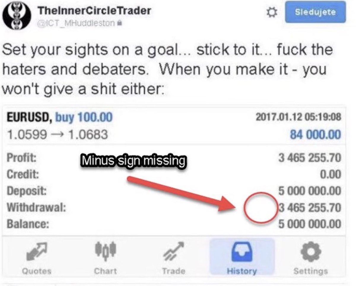 Romeotpt's tweet photo. Remember when ICT ate the minus sign in his fake profit withdrawal screenshot? https://t.co/MzlM3dsk9b
