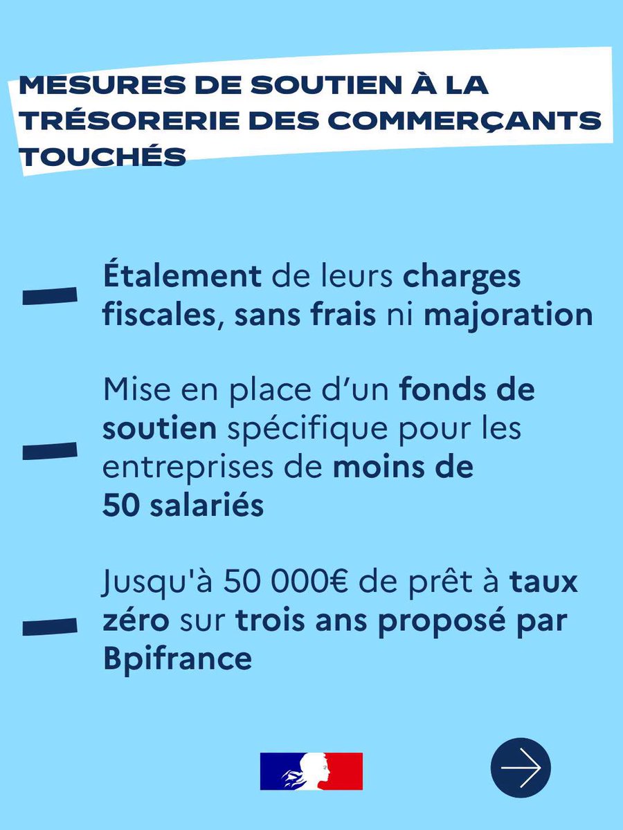 Prefet14's tweet photo. #Commerce | Des mesures de soutien pour les commerces victimes des dégradations

À la suite des violences urbaines qui ont fortement impacté les commerçants et occasionné d’importantes dégradations, le Gouvernement déploie un ensemble de mesures exceptionnelles pour soutenir les commerçants, artisans et entreprises sinistrés, préserver l’emploi et faciliter la reprise de leur activité.

📌 Quelles sont les mesures de soutien prévues ?
🔹 Préserver l’emploi : prise en charge à 100 % par l’État du dispositif exceptionnel d’activité partielle, sans reste à charge pour les employeurs.
🔹 Soutenir la trésorerie et la perte d'activité : facilités de paiement des cotisations sociales et des charges fiscales, accélération de certains remboursements fiscaux et mise en place d’une offre de prêt à taux zéro pouvant atteindre 50 000 € sur trois ans.
🔹 Accompagner les professionnels sinistrés : aides d’urgence pouvant atteindre 1 500 € pour les artisans éligibles, accompagnement renforcé par les assureurs et les réseaux consulaires, et mise en place d’un fonds de soutien spécifique pour certaines petites entreprises.    

📞 Besoin d’aide ou d’informations ?
0 806 807 807 : numéro national d’information pour les entreprises en difficulté.
3006 : numéro d’urgence des Chambres de métiers et de l’artisanat (CMA).

Retrouvez le détail des mesures et des contacts utiles dans le #Calvados ici :
https://t.co/uxsRwabTg3