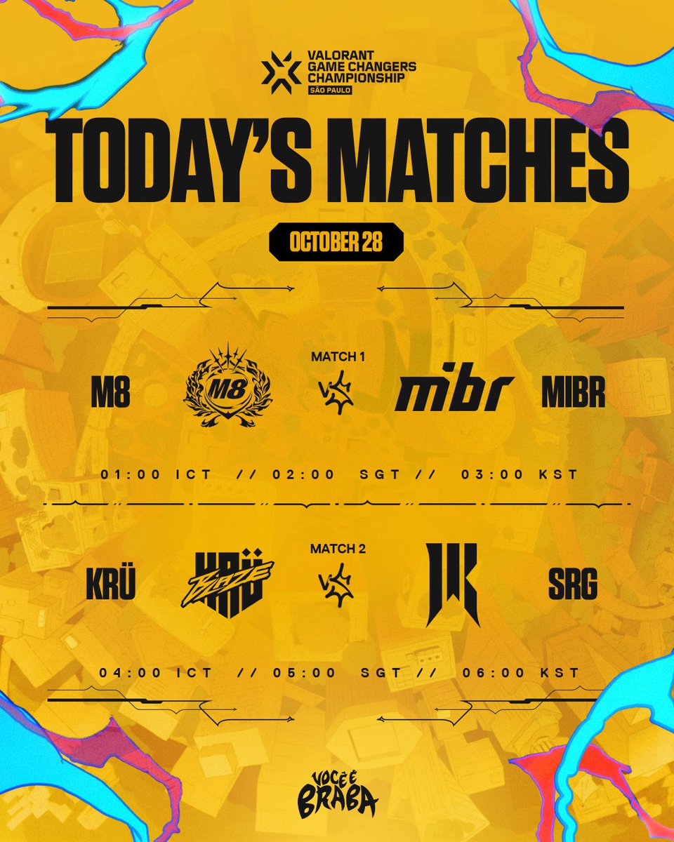 vctpacific's tweet photo. Back to the #VCTGameChangers Upper Bracket today! A win will book a spot in the Upper Final 💪

🕒 03:00AM GMT+9 | M8 🆚 MIBR
🕕 06:00AM GMT+9 | KRU 🆚 SRG https://t.co/vivez49mph