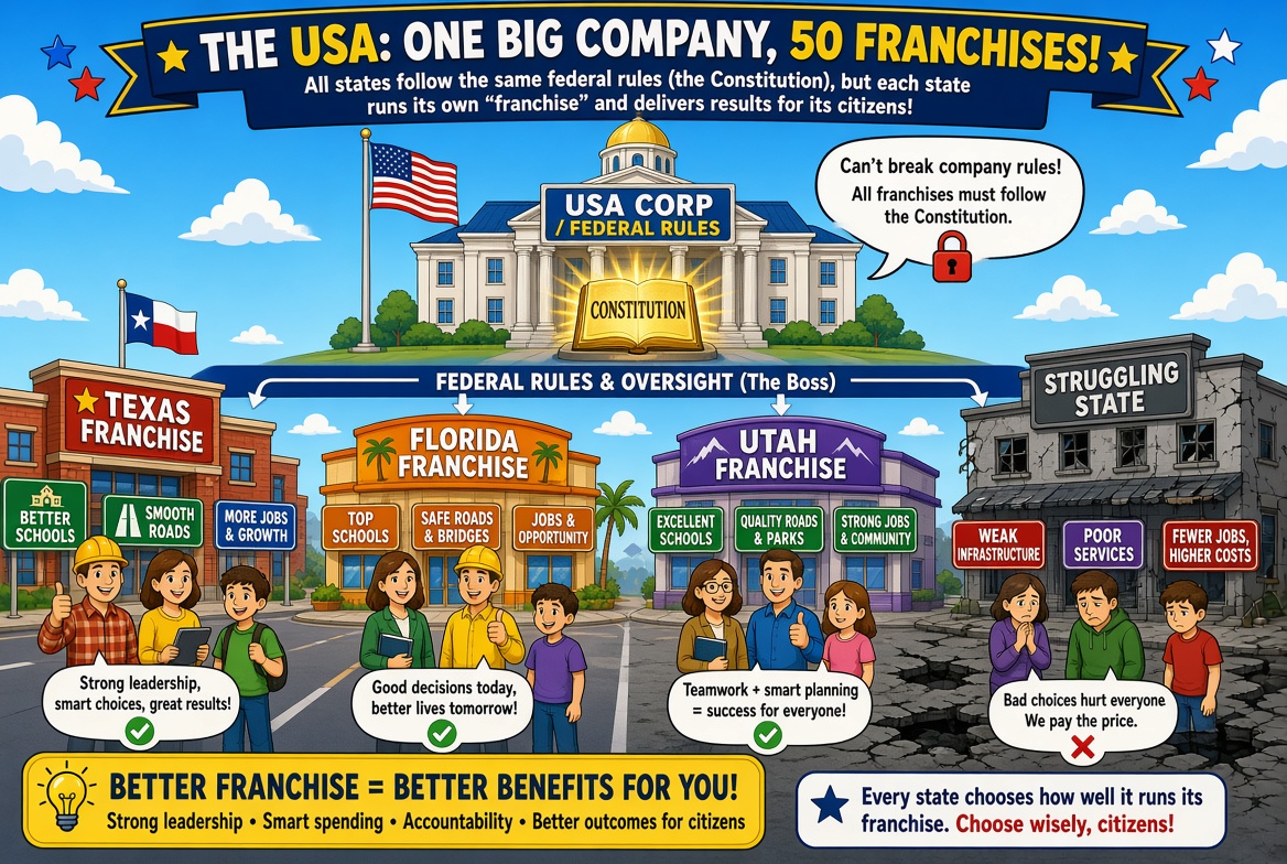therobhernandez's tweet photo. Think of States like Franchises.  You got a franchise owner (The State) that has a certain set of rules that cannot violate the company's main rules.  It can however manage its own location so that it runs successfully as long as it doesn't violate the main set of rules.  Some franchises run better than others and typically the employees (You) get better benefits in a thriving Franchise.  If your infrastructure is weak the employees pay the price.
 
@USTreasury