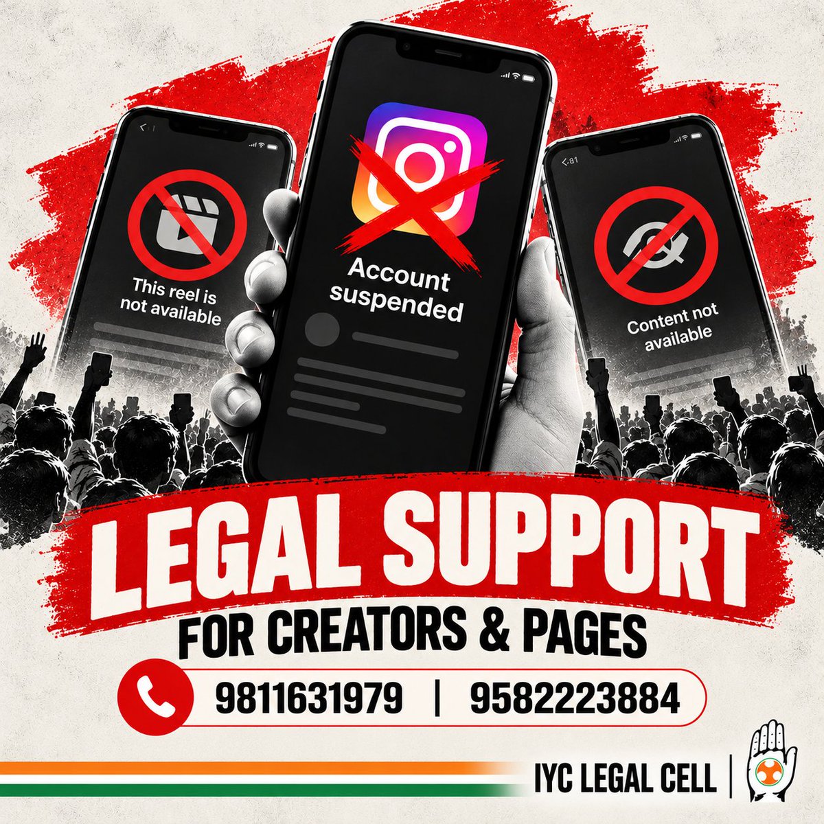 IYCLegalCell's tweet photo. Freedom of expression cannot be silenced by suspending accounts or blocking voices.

The IYC Legal Cell stands ready to extend legal assistance to content creators, independent pages and citizens facing arbitrary content restrictions.

 If your account has been suspended, your reels blocked, or your content restricted, reach out to us with the details and relevant screenshots.

Your voice matters. We stand ready to help you defend it.

#DigitalRights #FreedomOfExpression #IYCLegalCell #StopCensorship