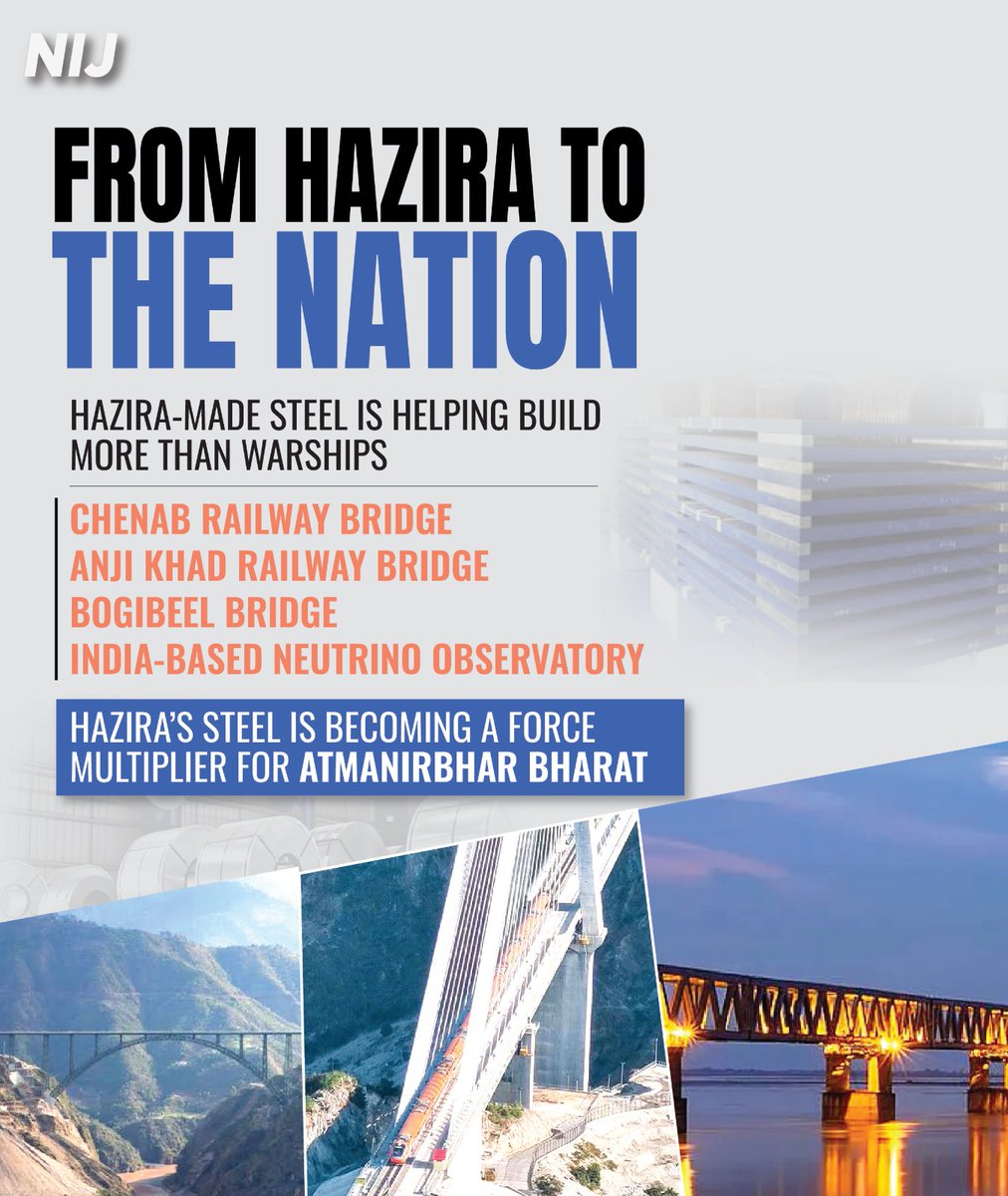 nijunction's tweet photo. Hazira Steel: Powering India’s Defence!

AM/NS India supplies specialised steel for all 8 ASW Shallow Water Crafts being built for the Indian Navy. From warships to iconic bridges, Hazira-made steel is strengthening India’s infrastructure and self-reliance. https://t.co/vSBhsImzNS