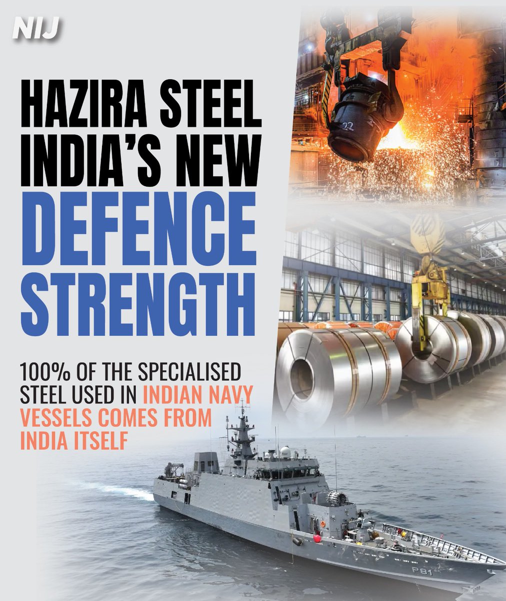 nijunction's tweet photo. Hazira Steel: Powering India’s Defence!

AM/NS India supplies specialised steel for all 8 ASW Shallow Water Crafts being built for the Indian Navy. From warships to iconic bridges, Hazira-made steel is strengthening India’s infrastructure and self-reliance. https://t.co/vSBhsImzNS