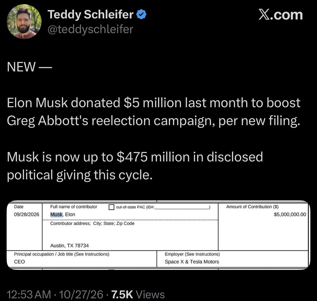RonFilipkowski's tweet photo. Elon Musk has spent more money on politics in the last 2 years than George Soros has spent in his entire lifetime. https://t.co/EuYh8g1UYP