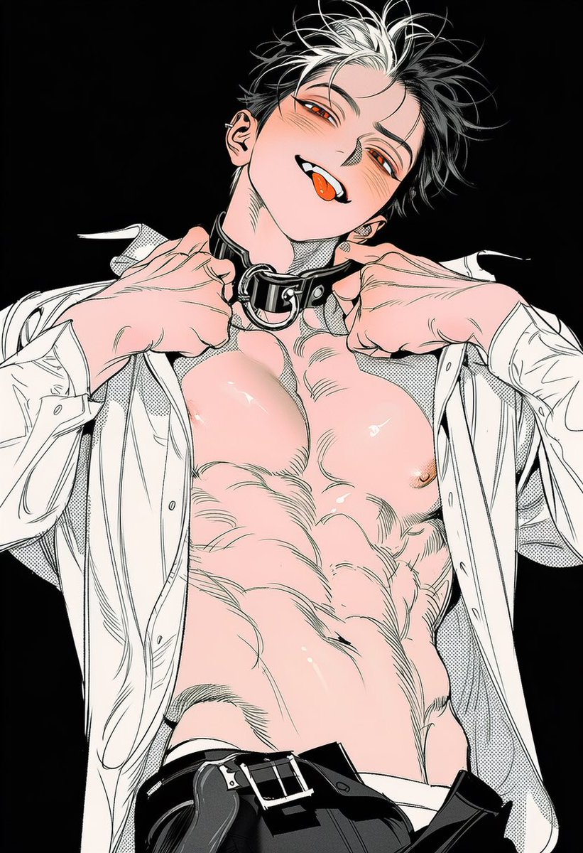 noeul_zzix's tweet photo. 좋아?,

( 손 오류 있습니다. )

upper body, waist-up shot,
5::front view, low angle, looking down at viewer::,

5::white unbuttoned dress shirt, open front, chest exposed::,
4::black trousers, undone belt buckle, visible underwear waistband::,

5::black leather collar around neck::,
6::both hands firmly gripping opposite sides of the neck collar::,
5::fingers wrapped around collar, hands beside neck::,

5::head tilted back, chin raised::,
5::half-lidded eyes, one eyebrow raised::,
5::teasing smirk, tongue out, :p::,
slight blush, pure black background,

-5::hands gripping shirt, holding shirt collar, hands on chest, one hand hidden, extra hands, extra fingers::