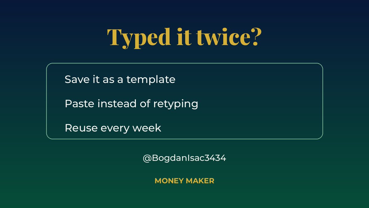 BogdanIsac3434's tweet photo. The AI habit that saves me the most time isn't a clever prompt. It's a rule:

If I type the same request twice, it becomes a saved template.

Now the boring stuff takes one paste instead of five minutes of rewording.

What's a prompt you keep retyping? https://t.co/nThBwgUGXF