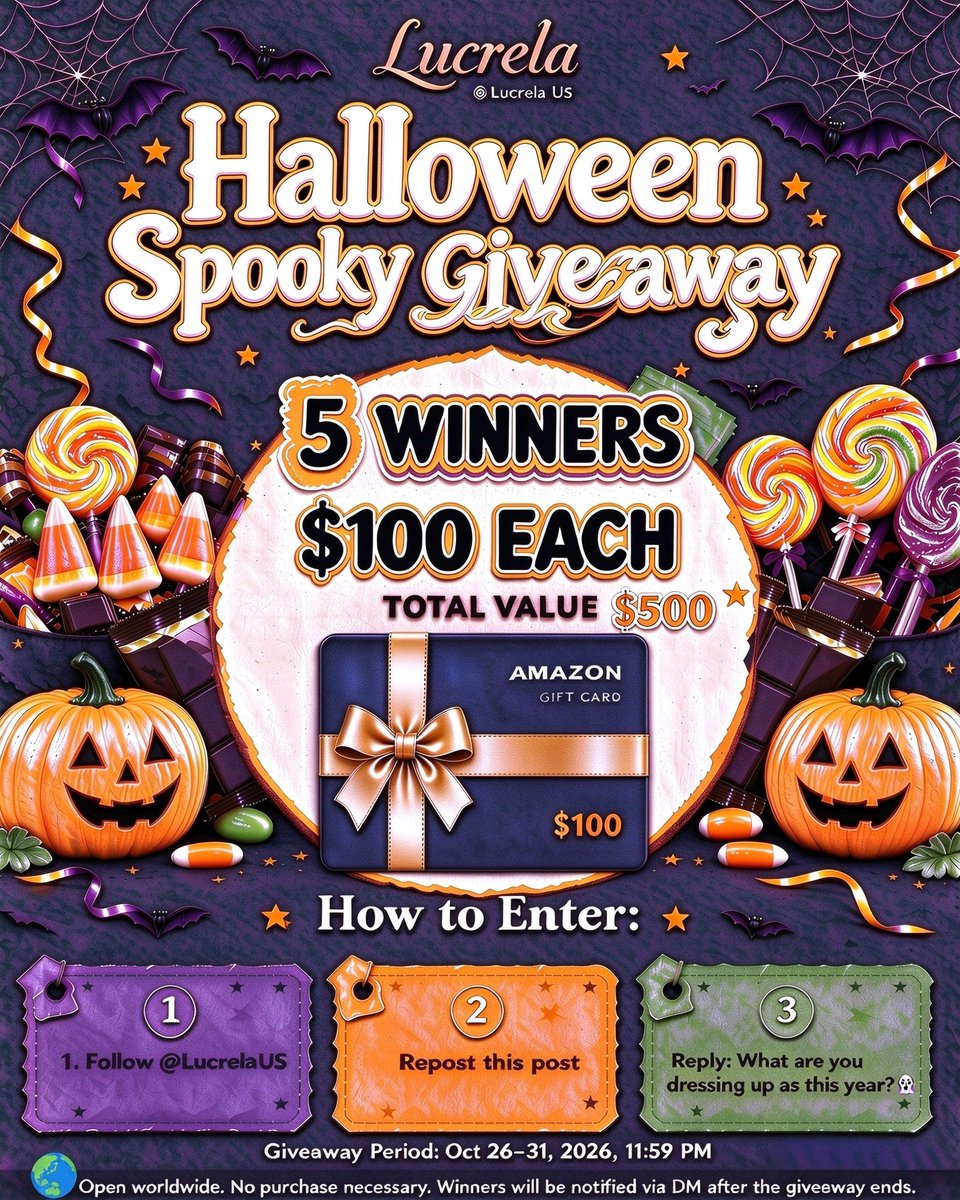 LucrelaUS's tweet photo. 🎃 Lucrela Halloween Giveaway — Day 2! 👻 🎉
5 winners get a $100 Amazon Gift Card each ($500 total).🎁

Enter:
1.Follow @LucrelaUS
2.Repost this post
3.Reply: What are you dressing up as this year? 🧙‍

⏰ Deadline: October 31 at 11:59 PM!
#Halloween #AmazonGiftCards #Giveaway https://t.co/PpAe8DrsnX