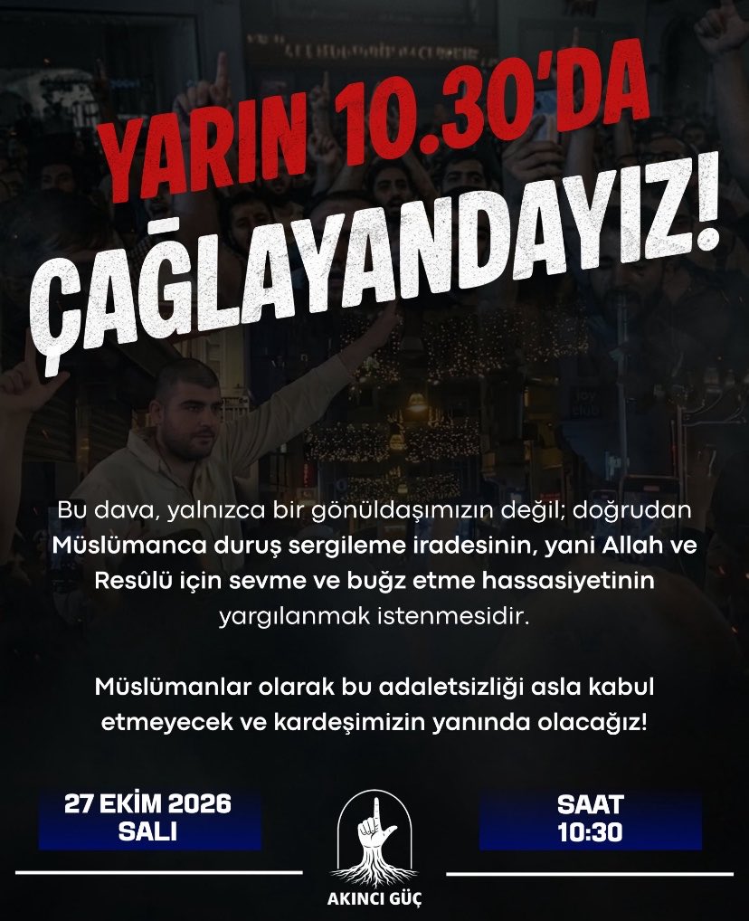 MuslimNewsTR's tweet photo. 🔴 Leman Dergisi protestosu nedeniyle yargılama!
📍 Leman Dergisi’ne yönelik protestolar nedeniyle yargılanan Alper Kaan Aykut’a destek olmak isteyen insanlar, Çağlayan Adliyesi’nde bir araya geldi.

📍 Savcı, mütalaasında mahkûmiyet talebinde bulundu. Mahkeme, karar duruşmasını 6 Kasım saat 10.30’a erteledi.

📢 27 Ekim Salı günü, Alper Kaan Aykut’a destek olmak ve adalet talebini yükseltmek amacıyla yürüyüş gerçekleştirilecek.