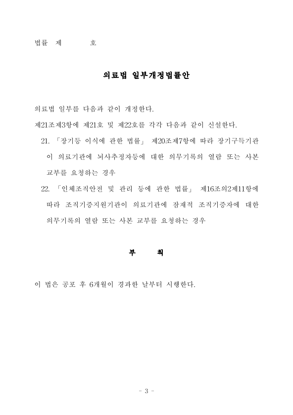 zmrSsyWDgQK46Ks's tweet photo. 장기를 훔칠 수 있는 근거를 계속 만드는 중 1/3

[2221919] 의료법 일부개정법률안(소병훈의원 등 10인)

소병훈ㆍ박 정ㆍ송옥주ㆍ김태선ㆍ안태준ㆍ장종태ㆍ박용갑ㆍ강준현ㆍ김남국ㆍ홍기원

장기구득기관 또는 조직기증지원기관이
뇌사추정자ㆍ뇌사판정대상자 또는 인체조직의 잠재적 조직기증자에 대한 의무기록의 열람 또는 사본 교부를 요청할 수 있도록 명시하고, 
「의료법」에 해당 경우도 환자의 의무기록을 확인할 수 있는 예외사유로 규정함으로써 장기 등의 기증 및 이식이 신속히 이루어질 수 있도록 하려는 것임