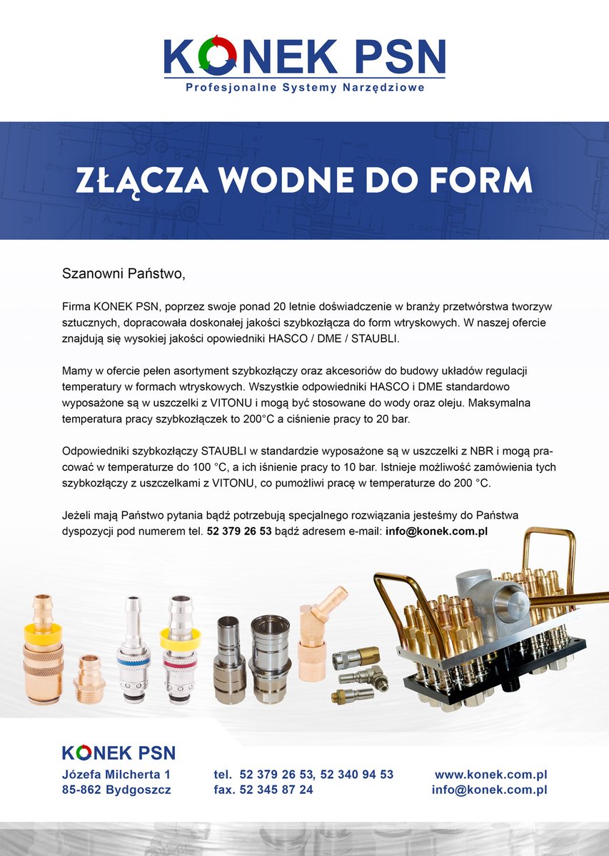 KONEKPSN's tweet photo. Najlepszej jakości szybkozłącza do form wtryskowych oraz akcesoria do budowy układów regulacji temperatury w formach wtryskowych na wyciągnięcie ręki! Zapraszamy do składania zamówień.
—
+48 52 379 26 53
info@konek.com.pl
—
#zlaczadoform #zlaczawodne #zlaczawodnedoform #konek https://t.co/4gtWc14bok