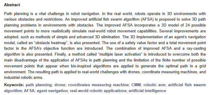 RoboticsMDPI's tweet photo. #EnjoyYourReading
📖 Enhanced Hybrid Artificial Fish Swarm Algorithm for Three-Dimensional Path Planning Applied to Robotic Systems 
👉 https://t.co/7Tb56ZtWPs
✍ By Ilias Chouridis, Gabriel Mansour, Vasileios Papageorgioum, Michel Theodor Mansour, etc.

#Robotics #pathplanning https://t.co/GGnkTnuozY
