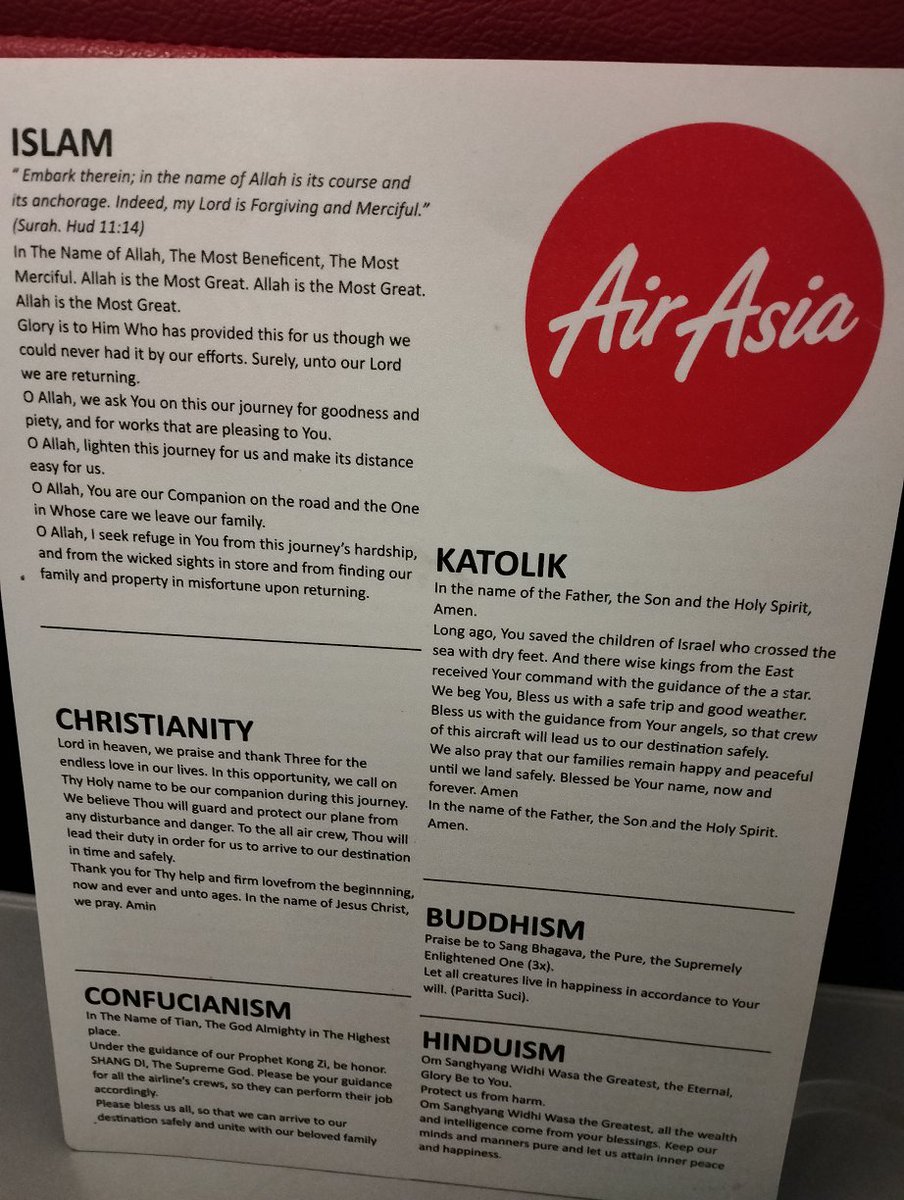 jameschin110's tweet photo. Many of you know I avoid AA like the plague. Their service is terrible; getting a refund or using their credits is about as pleasant as having diarrhea. 
I was recently forced to fly AA Indonesia simply because it had the most convenient timing for my trip to Jakarta. I was pleasantly surprised to find this prayer card.
Indonesia has plenty of problems; corruption that is worse than Malaysia’s, poverty, and ethnic unrest among them. But on the issue of religion, they are ahead of Malaysia. 
If this card appeared on an AA Malaysia flight, there would be demonstrations at KLIA. Yet we all know there is more than one religion in Malaysia. Agree?

#Indonesia #GoldenRule #PoliticalIslam #Malaysia