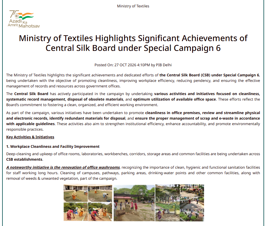PIBTextiles's tweet photo. Ministry of Textiles Highlights Significant Achievements of Central Silk Board under Special Campaign 6 

Read more: 
https://t.co/WPwSNRLsN0 

@girirajsinghbjp @TexMinIndia @PIB_India @csbmot https://t.co/0it0d4fjLs