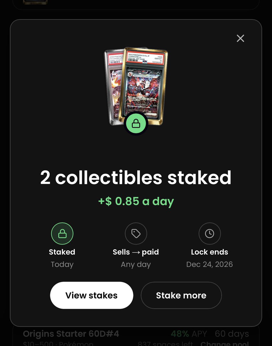 yellowpantherx's tweet photo. My tokenized pokémon cards is earning me passive yield with @renaissCLTB 🤯

Currently giving up 48% APY!! My two cards will earn roughly $50 in 60 days. 

The future of tokenized TCG is with Renaiss Protocol. https://t.co/cbYC3oKq4H