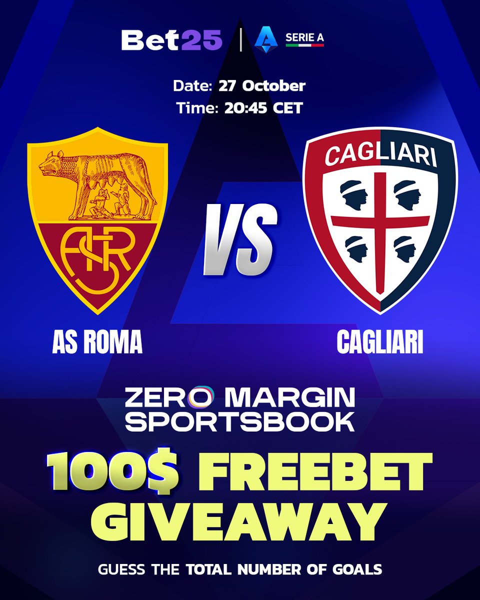 bet25com's tweet photo. Serie A 🇮🇹

$100 Freebet Giveaway 🎁

Our first giveaway for Zero Margin Sportsbook! 🔥

Guess the total number of goals and win a share of 100$ in Freebets 💸 ⚽️

10 winners - 10$ each! 

The freebets can be used on Zero Margin Sportsbook. 

✅ Follow @bet25com
🔁 Repost & Tag a friend
💬 Comment your prediction & ID below