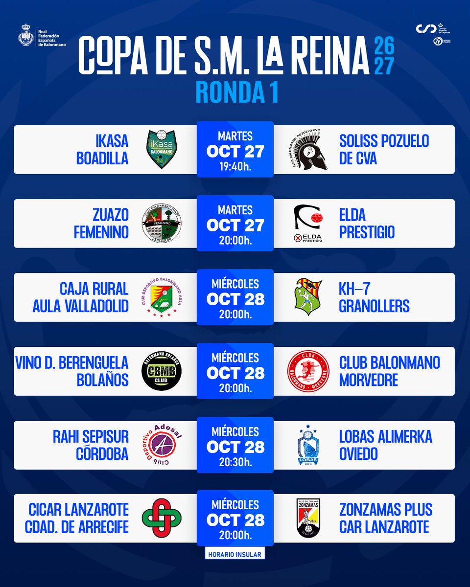 RFEBalonmano's tweet photo. 🔥 #GameDay 

🏆 ¡Comienza la Primera Fase de la #CopaReina2027!  

🆚 @balonmanoikasa  : @BMPozueloCva 
⏰ 19:40h.

🆚 @CbmZuazo : @elda_prestigio 
⏰ 20:00h.

# #Balonmano https://t.co/N34XMFqRfL